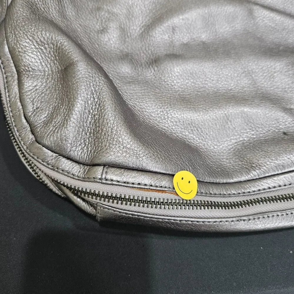 Tory Burch Metallic Gray Pebbled Leather Hobo Shoulder Bag Messenger Everyday